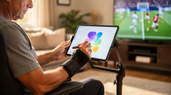 Person wearing a wrist brace uses a cushioned stylus on a tablet mounted on an adjustable stand at eye level, seated comfortably in a living room with a blurred sports broadcast on the TV in the background.