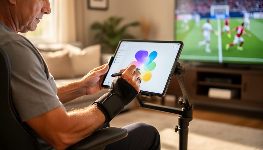 Person wearing a wrist brace uses a cushioned stylus on a tablet mounted on an adjustable stand at eye level, seated comfortably in a living room with a blurred sports broadcast on the TV in the background.