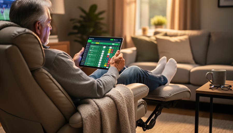 Person with arthritis comfortably using tablet device while seated in ergonomic recliner