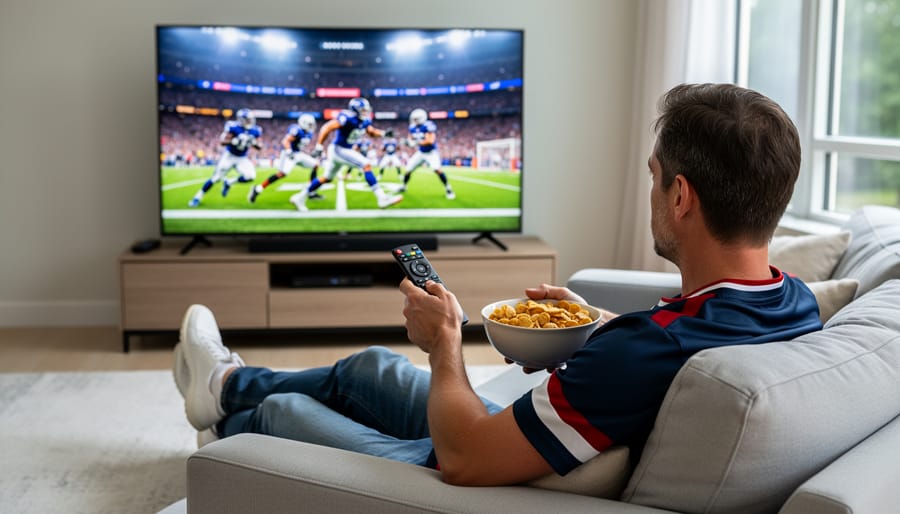 Comfortable home viewing setup with person watching live sports on television from supportive sofa