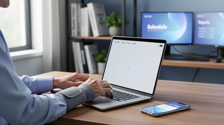Advocate with a wrist brace typing on a laptop showing a node-and-line network graphic, lit by soft daylight, with blurred office shelves, plants, and extra screens in the background.