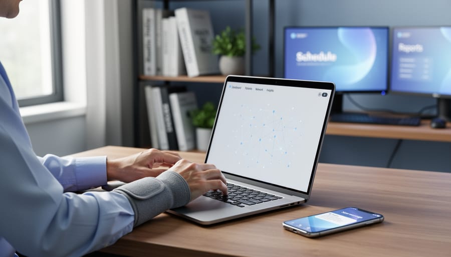 Advocate with a wrist brace typing on a laptop showing a node-and-line network graphic, lit by soft daylight, with blurred office shelves, plants, and extra screens in the background.