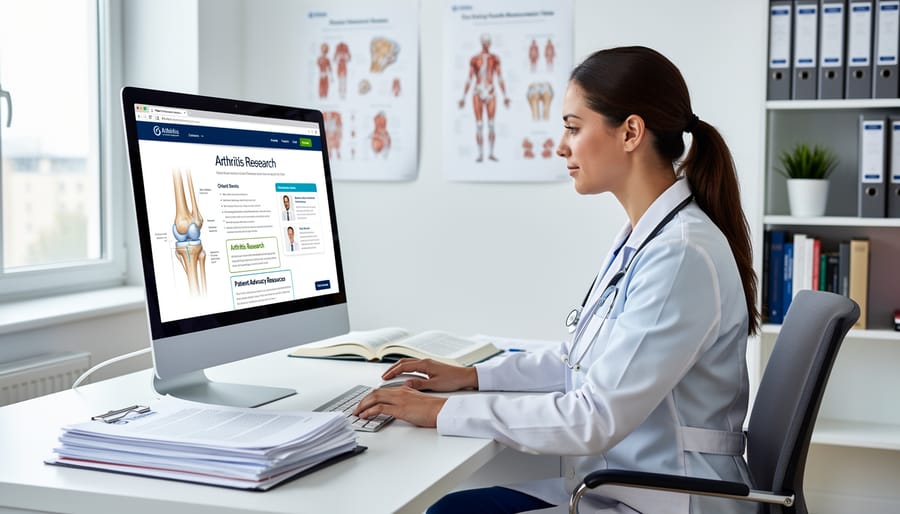 Healthcare provider sharing arthritis research information with patient using digital device