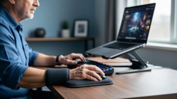 Middle-aged person with arthritis gaming comfortably: hand on a vertical ergonomic mouse, wrist brace visible, laptop raised on an adjustable stand at eye level, blurred home office in soft daylight.
