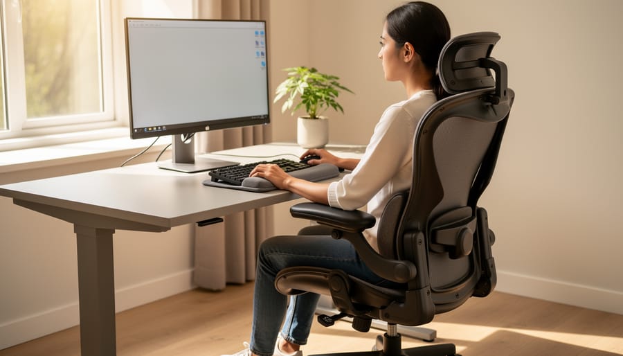 Ergonomic home office setup with adjustable chair and proper screen positioning for arthritis comfort