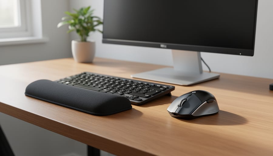 Hands with arthritis using ergonomic vertical mouse and wrist rest at computer desk