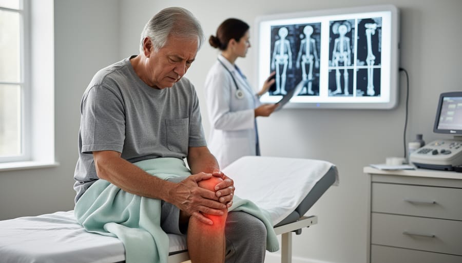 An elderly patient gently holding an aching arm in a clinic exam room
