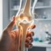 A hand gently holding a light-catching knee joint model, visually representing bone research and arthritis-related joint inflammation and bone remodeling.