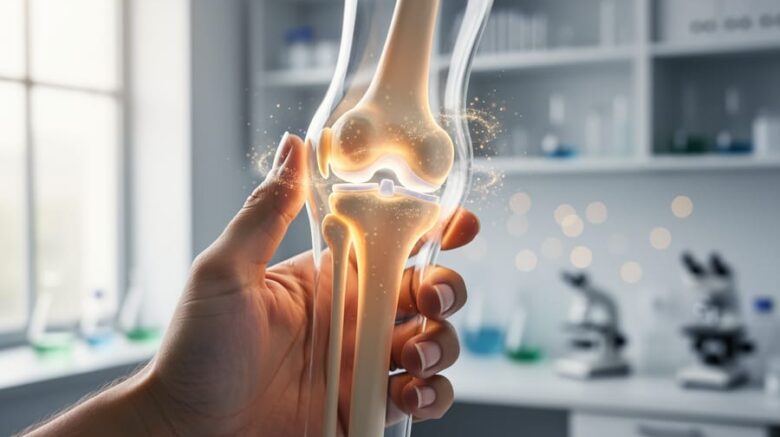 A hand gently holding a light-catching knee joint model, visually representing bone research and arthritis-related joint inflammation and bone remodeling.
