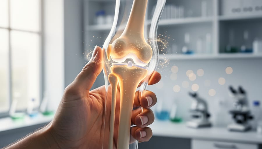 A hand gently holding a light-catching knee joint model, visually representing bone research and arthritis-related joint inflammation and bone remodeling.