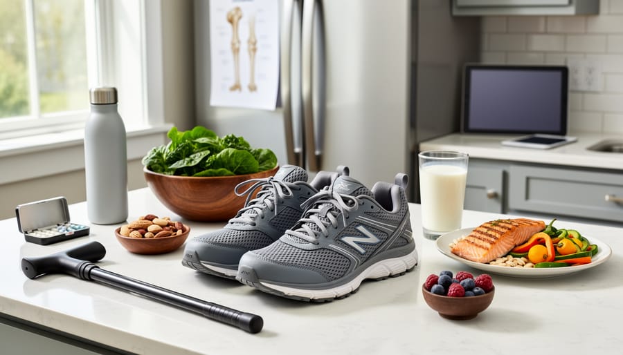 Healthy foods and walking shoes on a kitchen counter by a window