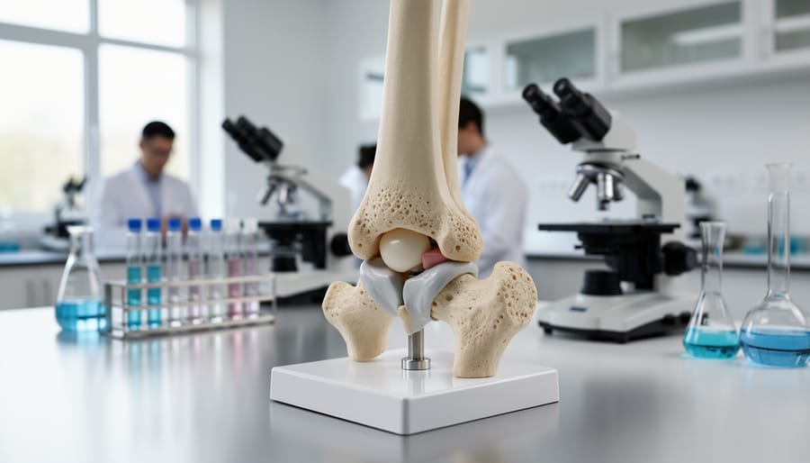 Close-up of a bone model on a dark laboratory surface
