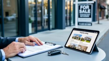 Owner’s hands resting calmly with a clipboard and key fob near a commercial storefront, using a tablet for low-effort property selling.