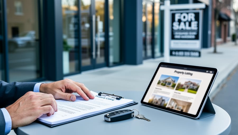 Owner’s hands resting calmly with a clipboard and key fob near a commercial storefront, using a tablet for low-effort property selling.