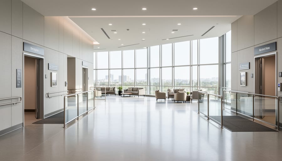 Clean accessible commercial lobby interior with bright natural light and seating in a clear pathway