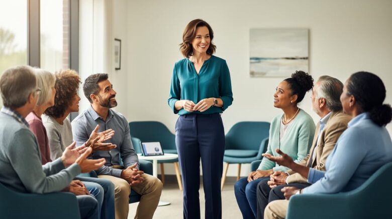 A community engagement manager leading a welcoming support-group circle in a healthcare community space, with diverse participants engaged in conversation.