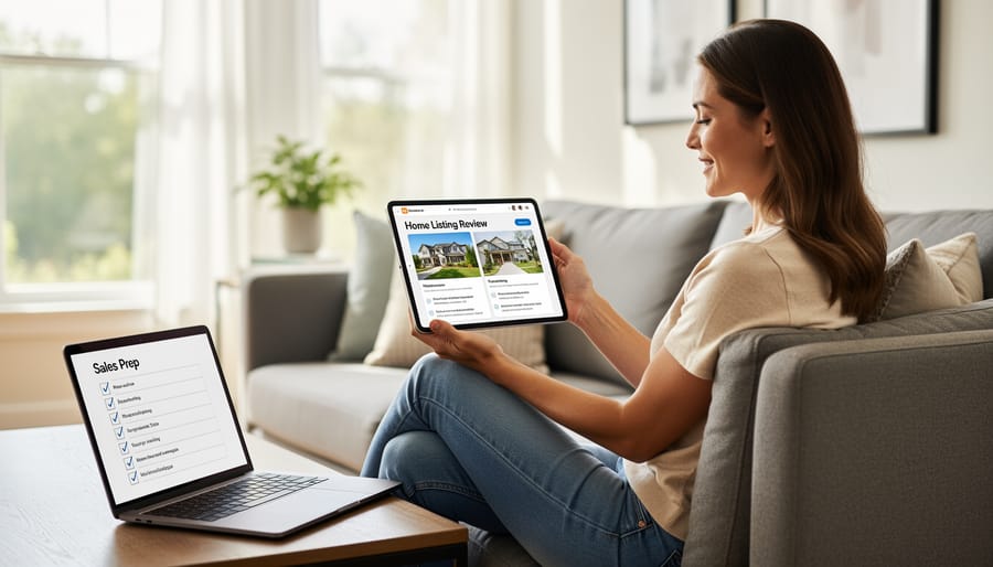 Person with a tablet reviewing commercial property details with another person assisting in the background