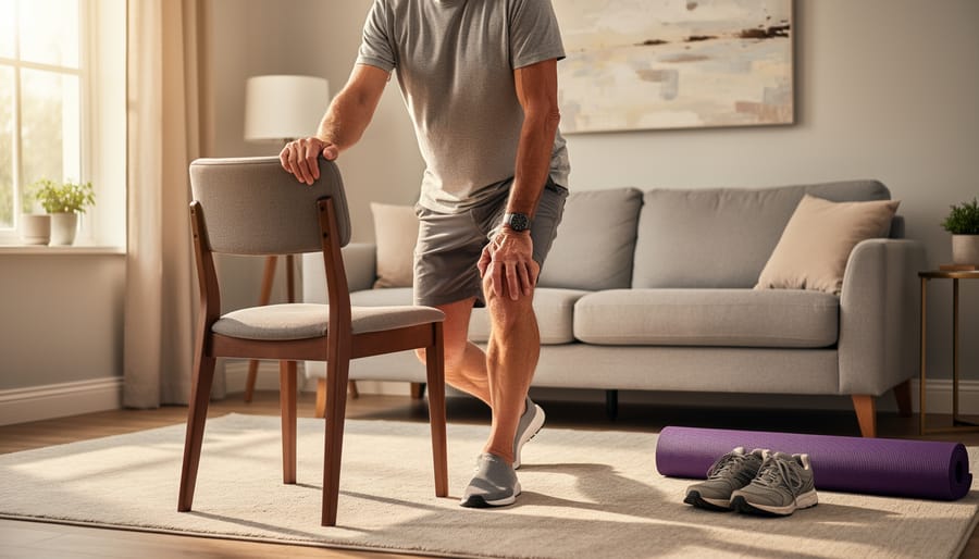 Person doing gentle joint mobility exercises on a yoga mat at home near a window