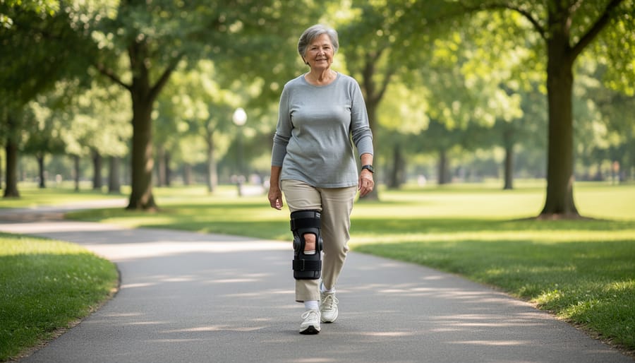 Person with a supportive knee brace walking on a park path in comfortable shoes