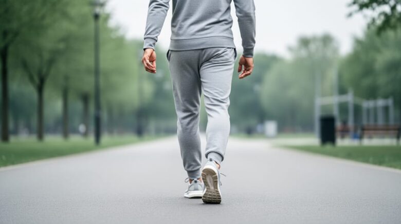 Person walking on a park path in comfortable athletic shoes, photographed from behind with soft greenery in the background.