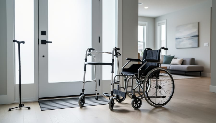 Mobility aids including a cane, rolling walker, and wheelchair placed near an accessible doorway and ramp threshold in a bright home.