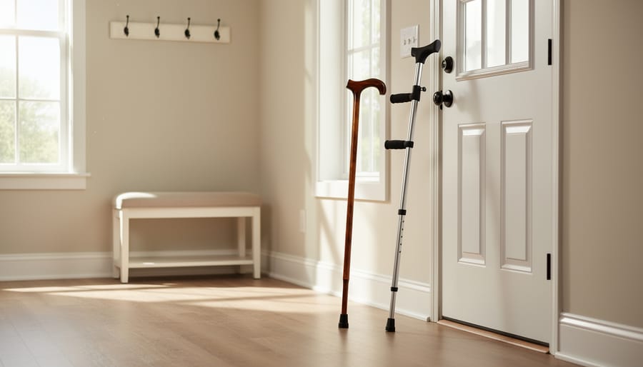 Canes with offset handle and quad-base tips resting on an indoor bench near an entryway