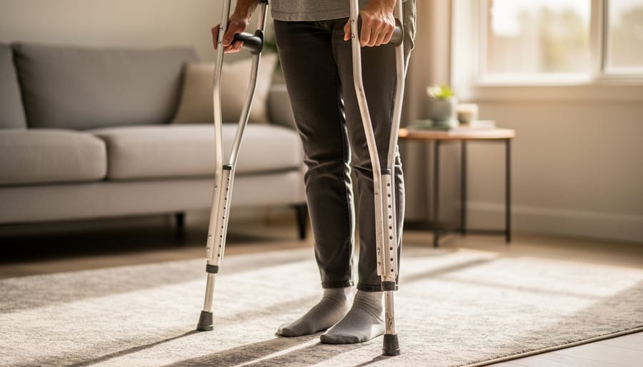 Forearm crutches held by a person standing near an indoor doorway