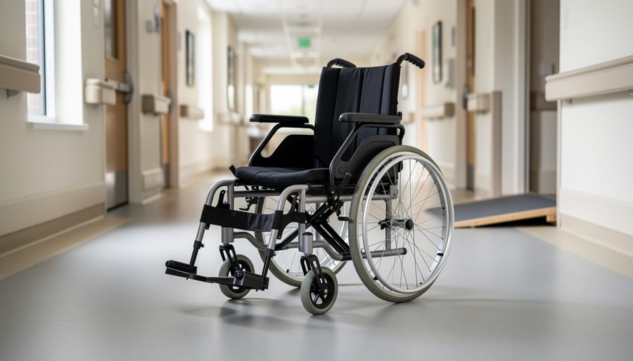 Manual wheelchair parked indoors near an accessible doorway