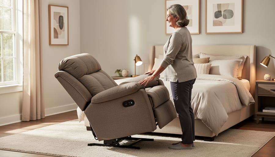 Power lift recliner chair positioned in a bedroom