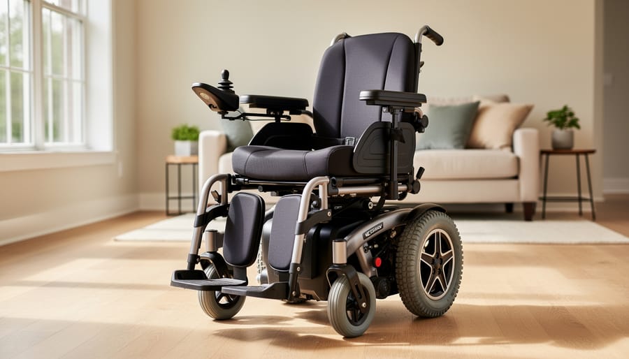 Power wheelchair parked indoors near a window