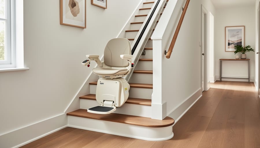 Stairlift chair attached to a staircase rail inside a home