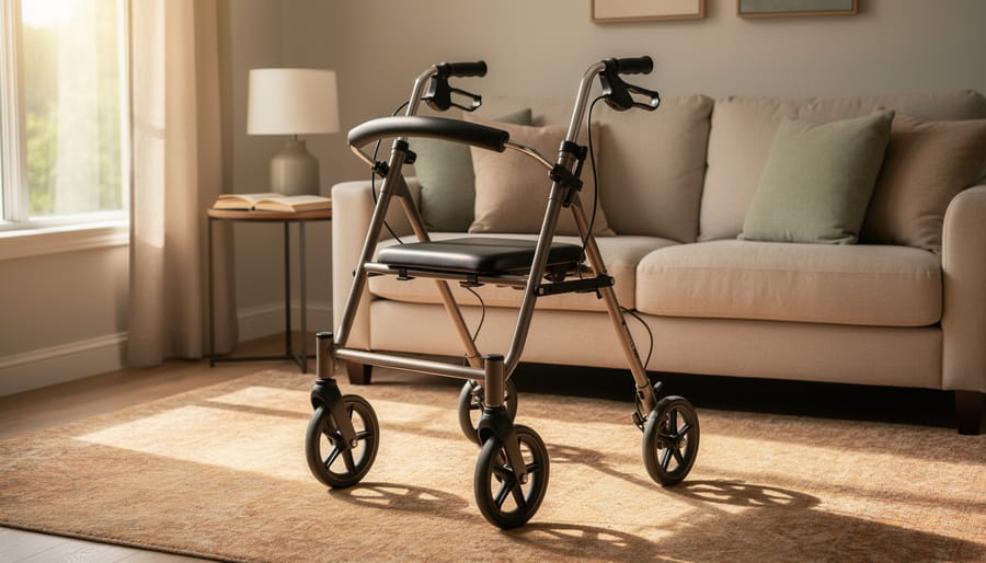 Rolling walker with basket and hand brakes parked in a bright living room